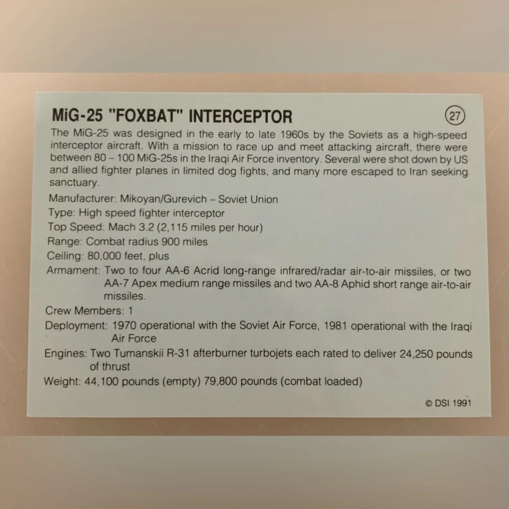 MiG-25 'Foxbat' Aviation (1991) Card
